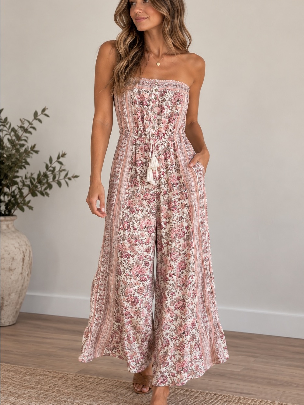 American Eagle Outfitters Pink Floral Strapless Jumpsuit with Tassel